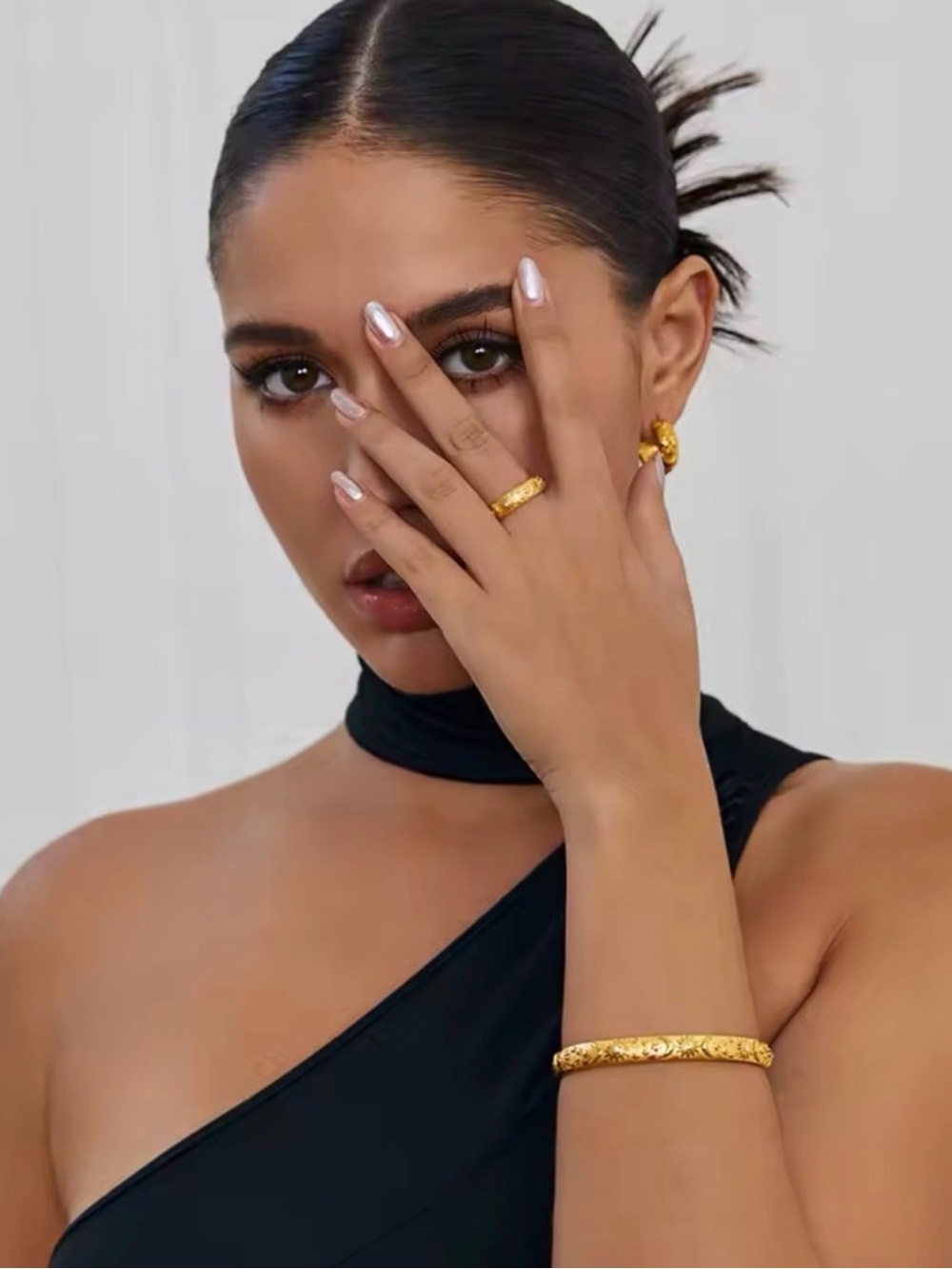 Floral Engraved Cuff Bracelet Ring and Earrings SET
